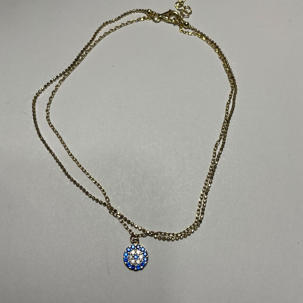 Sterling Sold Gold Tone Dual Strand Bracelet with Blue Pendant. 8 to 9”